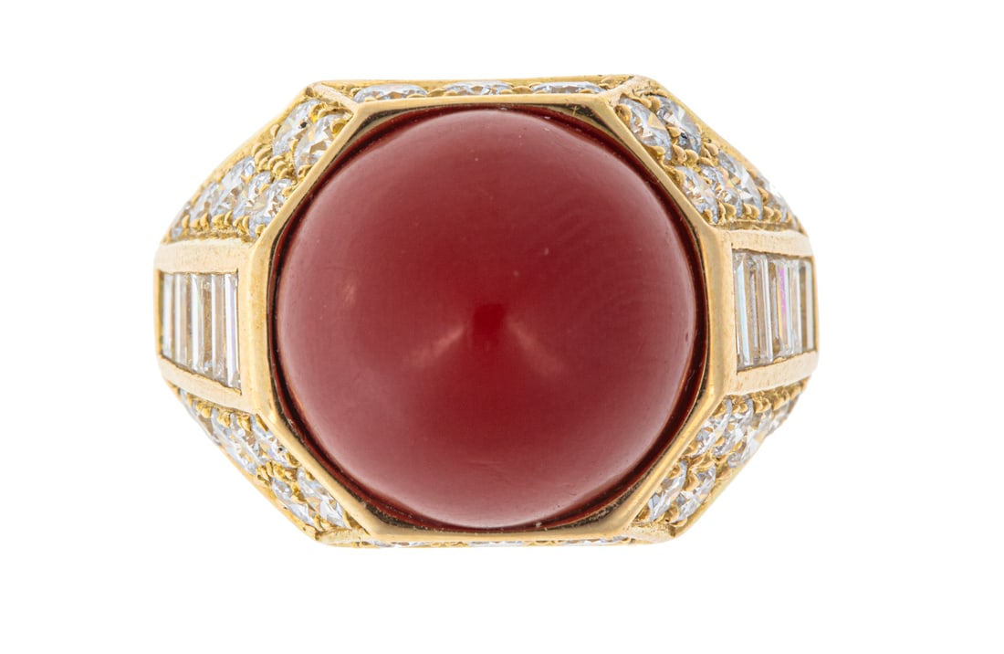 Italian Gold, Coral and Diamond Jewelry: Group of Italian 18 kt. Yellow Gold, Coral and Diamond Jewelry, incl. ring, size 3 with spacers, 6.55 dwts.; and pair of earrings, illegibly marked, l. 7/8 in., 18.96 dwts. **Please note: Payment for 