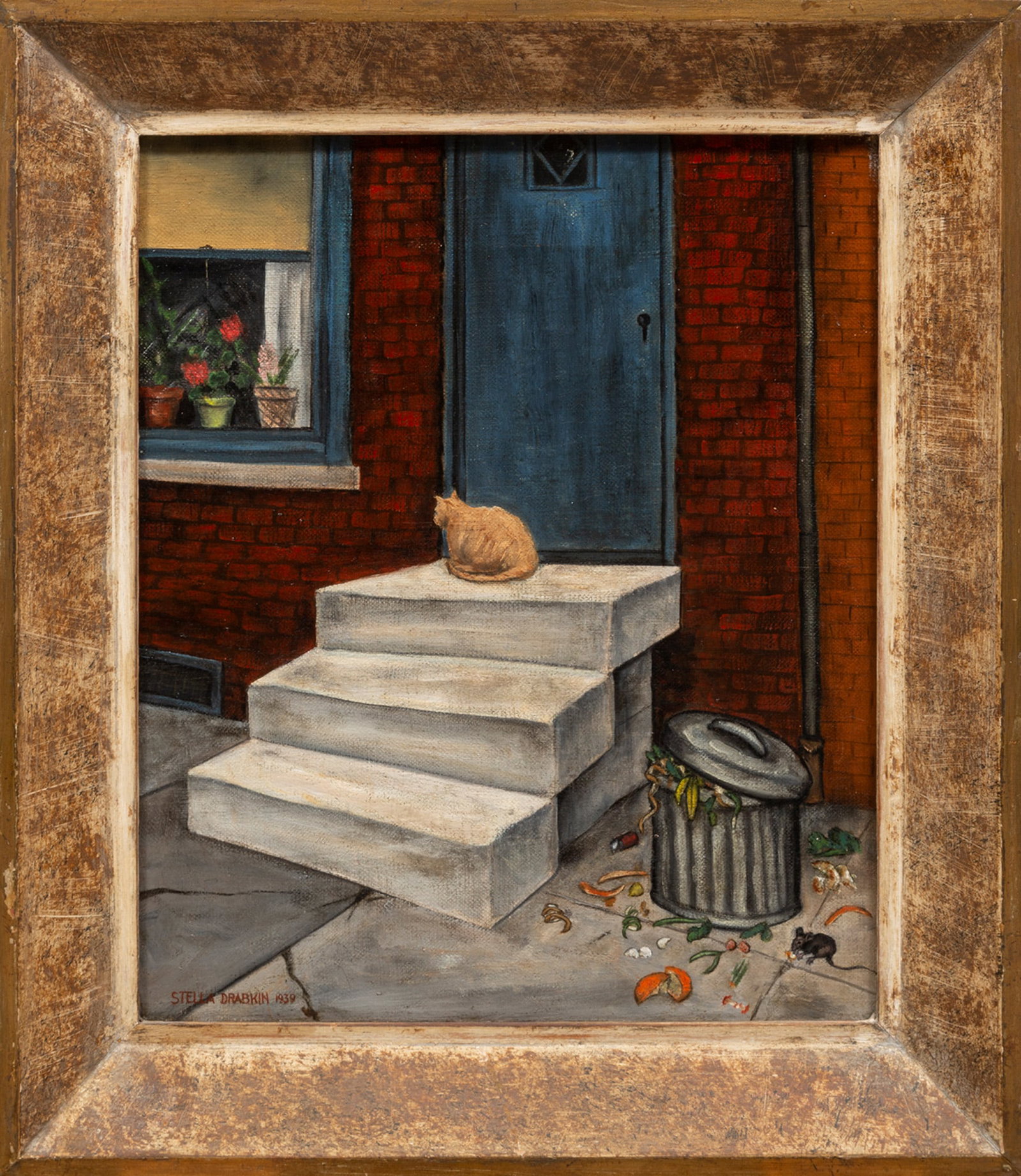 Stella Drabkin (American/Pennsylvania, 1906-1990): Stella Drabkin (American/Pennsylvania, 1906-1976), "Orange Tabby Cat on Stoop", 1939, oil on canvas, signed and dated lower left, 12 in. x 10 in., framed, overall 15 3/8 in. x 13 3/8 in. x 1 1/2 in. N