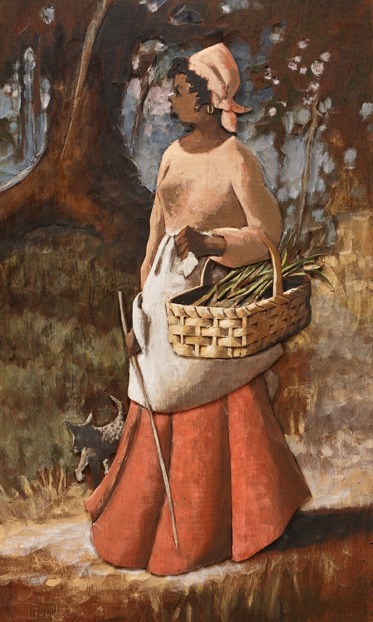 Chestee Harrington (American/Louisiana, b. 1941): Chestee Harrington (American/Louisiana, b. 1941), "Walking to the Market", 1990, oil on carved wood, signed and dated lower left, 17 in. x 10 in., unframed.