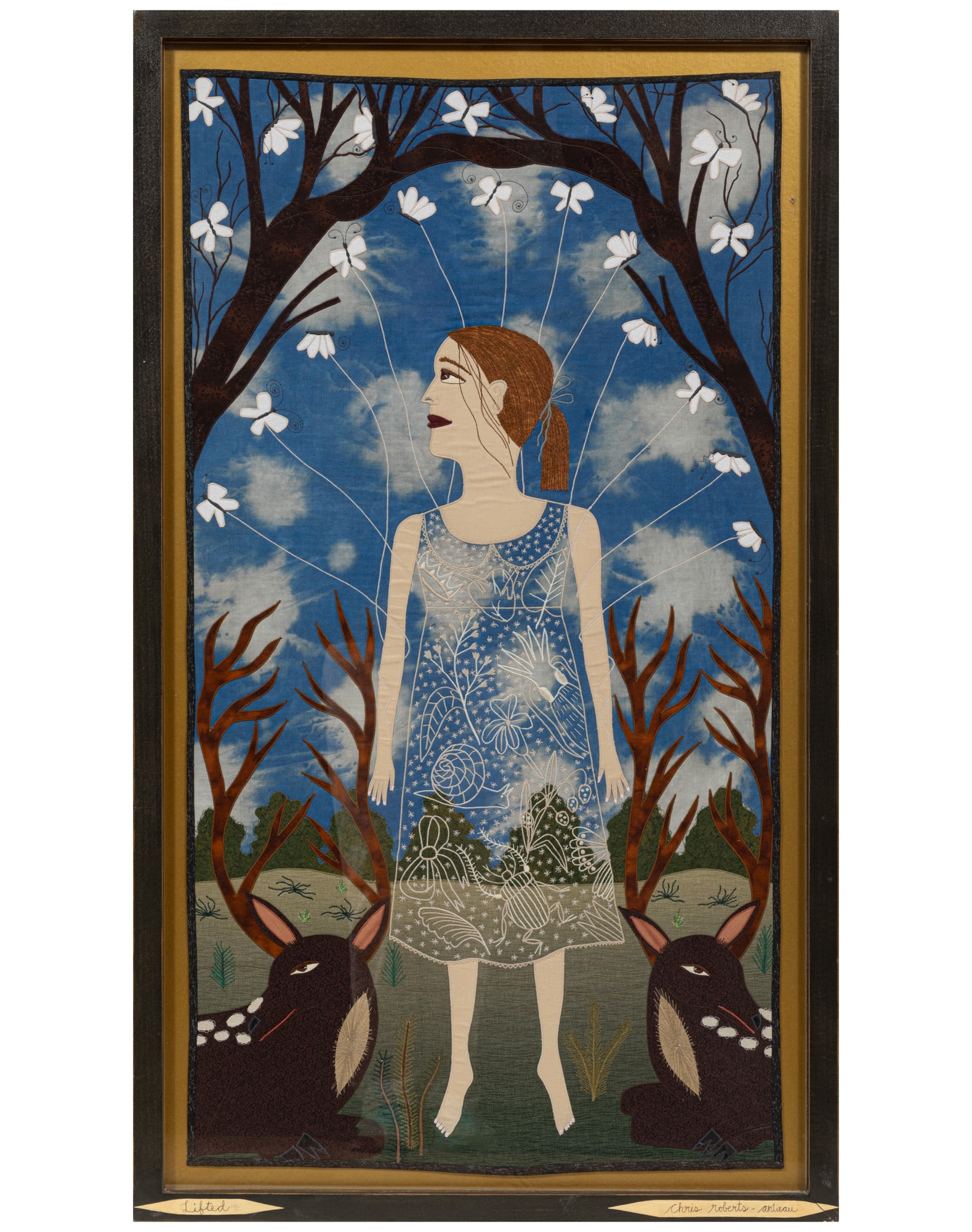 Chris Roberts-Antieau (American/Louisiana): Chris Roberts-Antieau (American/Louisiana, b. 1950), "Lifted", embroidered fabric appliques mounted to board, signed and titled on frame, 38 in. x 20 3/4 in., original artist frame, overall 41 7/8 in.