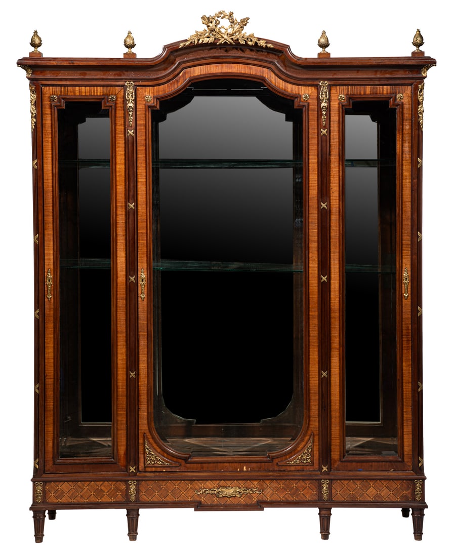 Bronze-Mounted Kingwood Parquetry Vitrine: Antique Louis XV-Style Bronze-Mounted Kingwood Parquetry Three Door Vitrine, early 20th c., molded finialed cornice with center bronze mount, three molded glazed doors, fluted tapered legs, h. 101 in.