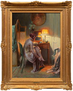 Delphin Enjolras (French, 1857-1945): Delphin Enjolras (French, 1857-1945), "In the Boudoir", oil on canvas, signed lower left, 2 "Kurt E. Schon, LTD., New Orleans, LA" labels, one with artist and title, on stretcher, 28 7/8 in. x 21 1/2