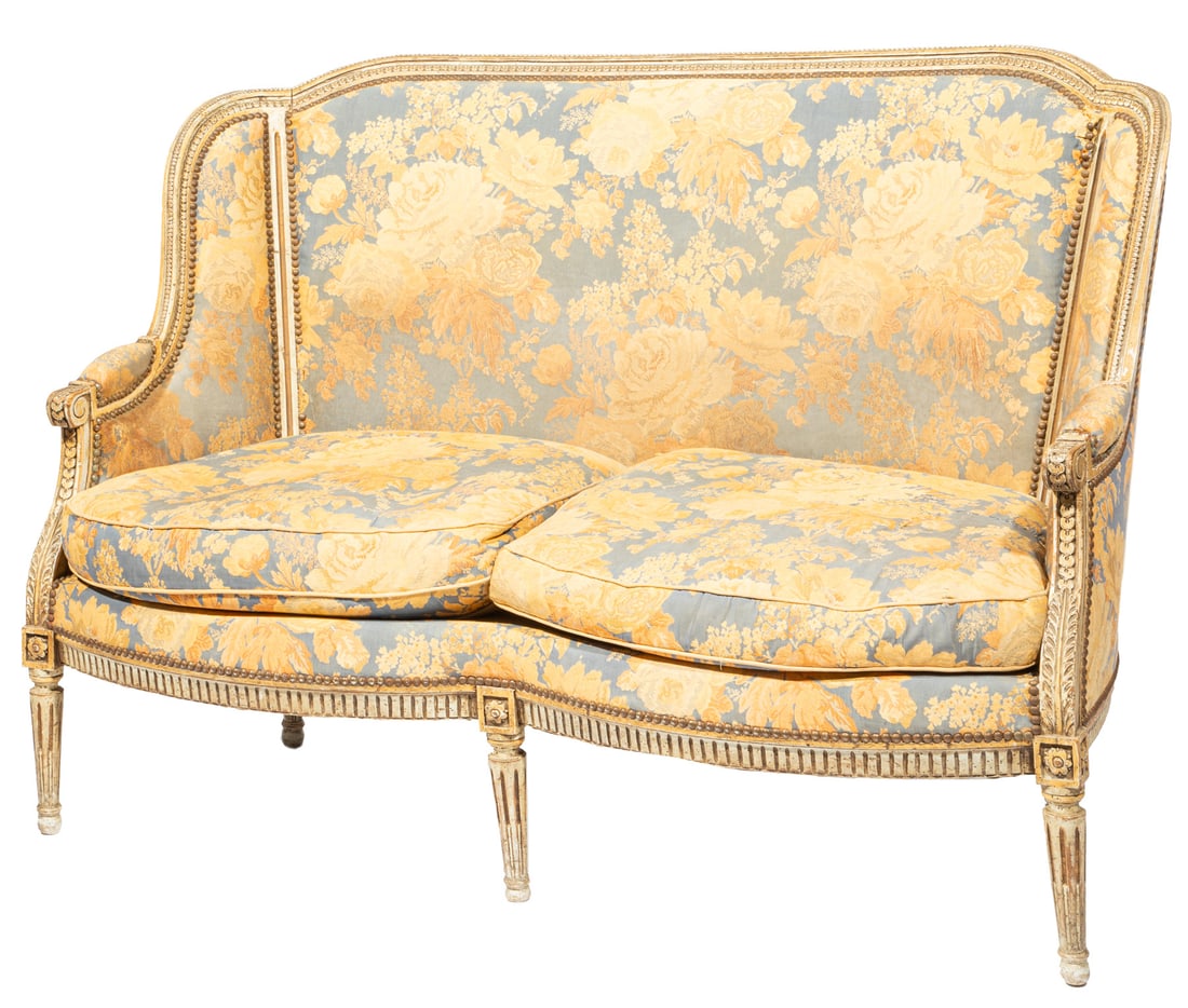 Painted and Parcel Gilt Canape a Oreilles: Louis XVI-Style Painted and Parcel Gilt Canape a Oreilles, 20th c., molded crest rail, nailhead trim upholstery, padded wings, scrolled padded arms, conforming seat rail, stop fluted tapered legs, h.
