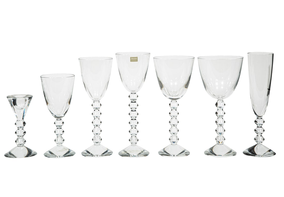 Twenty-Seven Pieces of Baccarat Crystal Stemware: Twenty-Seven Pieces of Baccarat Crystal "Vega" Stemware, incl. 15 colored hock/Rhine; 7 large clear wine, and 5 other clear, tallest 9 in., 27 pcs., Note: the 15 colored glasses with original boxes