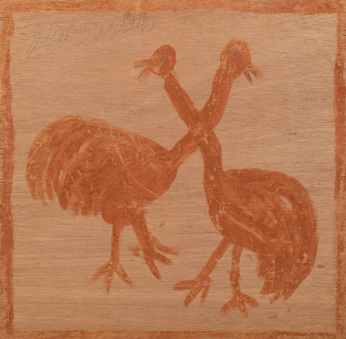 Jimmy Lee Sudduth (American/Alabama, 1910-2007): Jimmy Lee Sudduth (American/Alabama, 1910-2007), "Two Birds", mud, paint and graphite on panel, signed upper left, 24 in. x 24 in., unframed.