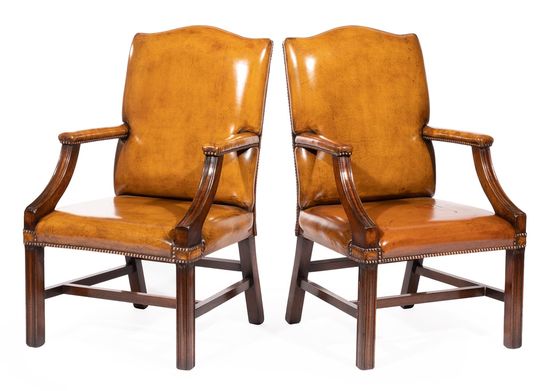 Georgian-Style Carved Walnut Library Armchairs (1 of 4)