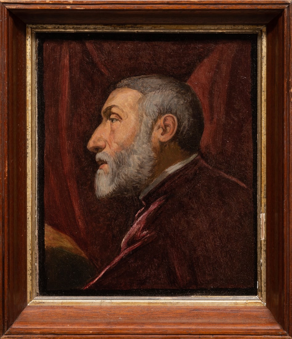 Elihu Vedder (American/New York, 1836-1923): Elihu Vedder (American/New York, 1836-1923), "Man in Profile", oil on canvas, unsigned, "Questroyal" label with artist and title on stretcher, 2 "Doyle New York" labels - one on reverse of frame and o