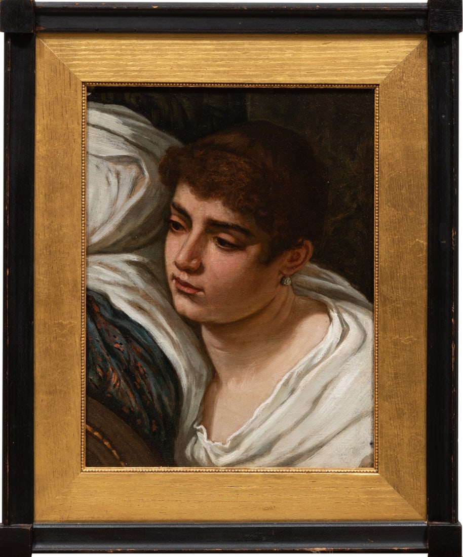 Elihu Vedder (American/New York, 1836-1923): Elihu Vedder (American/New York, 1836-1923), "Woman's Head", oil on canvas, unsigned, "Doyle, New York, NY" and "Questroyal Fine Art LLC, New York, NY" labels with artist on reverse of frame and backi
