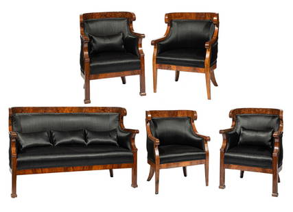 Rare Biedermeier Black Walnut Parlor Suite: Rare Biedermeier Black Walnut Parlor Suite, 1st quarter 19th c., in the manner of Josef Danhauser, Vienna, incl. settee, two bergères, two sides, curved conforming crest rail, C-scrolled arms, sq