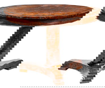 Biedermeier Black Walnut Center Table: Biedermeier Black Walnut Center Table, early 19th c., in the manner of Josef Danhauser, Vienna, segmented top, round standard, triangular plinth base, block feet, h. 29 in., dia. 42 1/2 in.