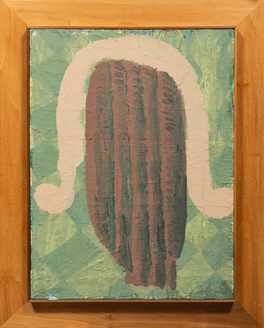 Gary Komarin (American/New York, b. 1951): Gary Komarin (American/New York, b. 1951), "The French Wig with Pleats", c. 1996, encaustic and collage on canvas, signed, titled and inscribed on stretcher, 2 "Marguerite Oestreicher Fine Arts, New O
