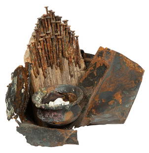 Wendy White (American/New Yorkm b. 1971): Wendy White (American/New York, b. 1971), "Open House with Gardenia", metal, nails, wood, glass and mixed media assemblage, signed and label with artist and title on reverse, h. 7 1/2 in., w. 9 1/2 in