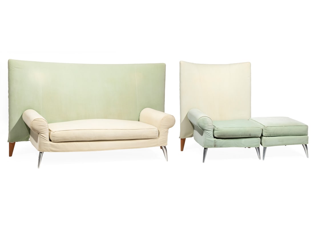 Philippe Starck for Driade Sofa, Chair & Ottoman: Philippe Starck for Driade "Royalton" Sofa, Chair and Ottoman, c. 1991, upholstery, cast-aluminum, cherrywood, sofa h. 43 in., w. 81 in., d. 35 in.; chair h. 43 1/2 in., w. 38 in., d. 30 in.; ottoman