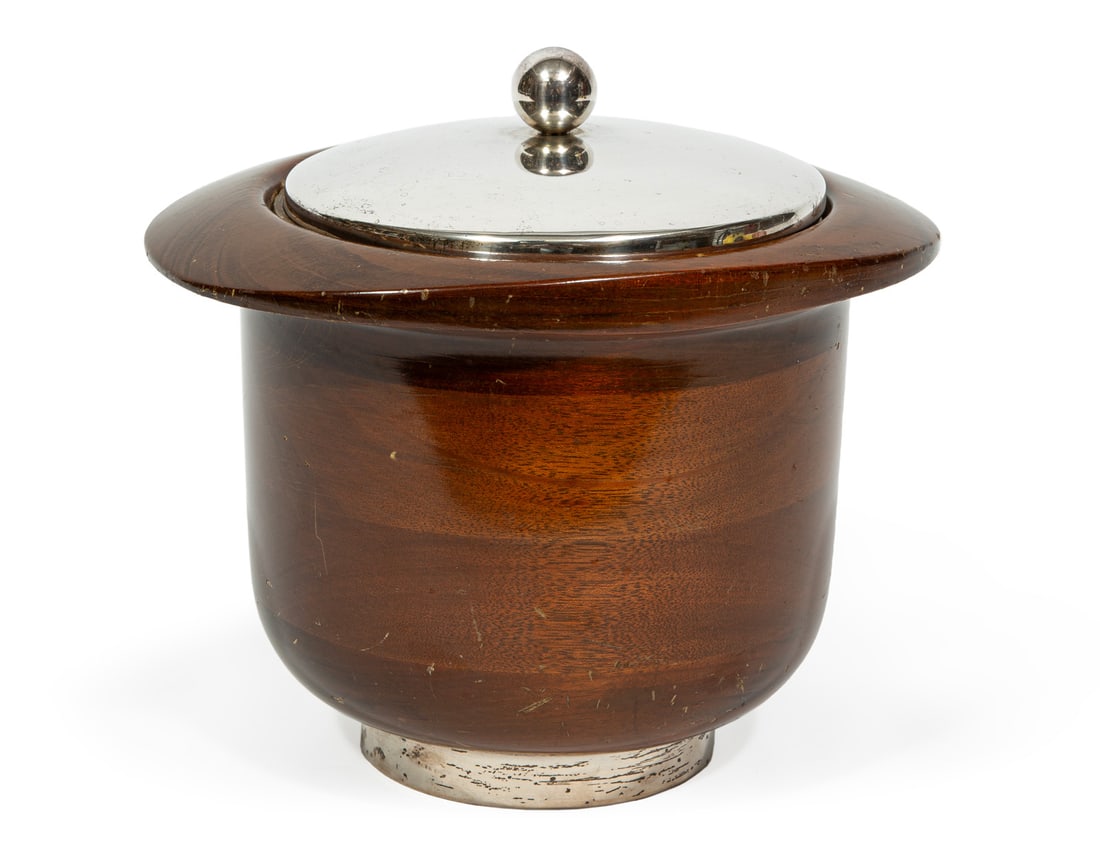Richard Hudson for Revere Ice Bucket: Richard Hudson for Revere Silversmiths Inc. Walnut and Silver-Mounted Ice Bucket, mid-20th c., cover and foot rim marked "STERLING", ice compartment marked "VACUUM INSULATED", h. 9 3/4 in., w. 10 1/2