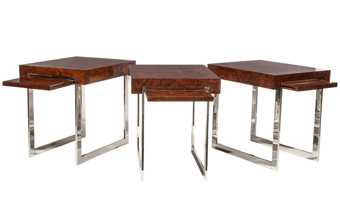 Three Burlwood and Chrome Side Tables (1 of 3)