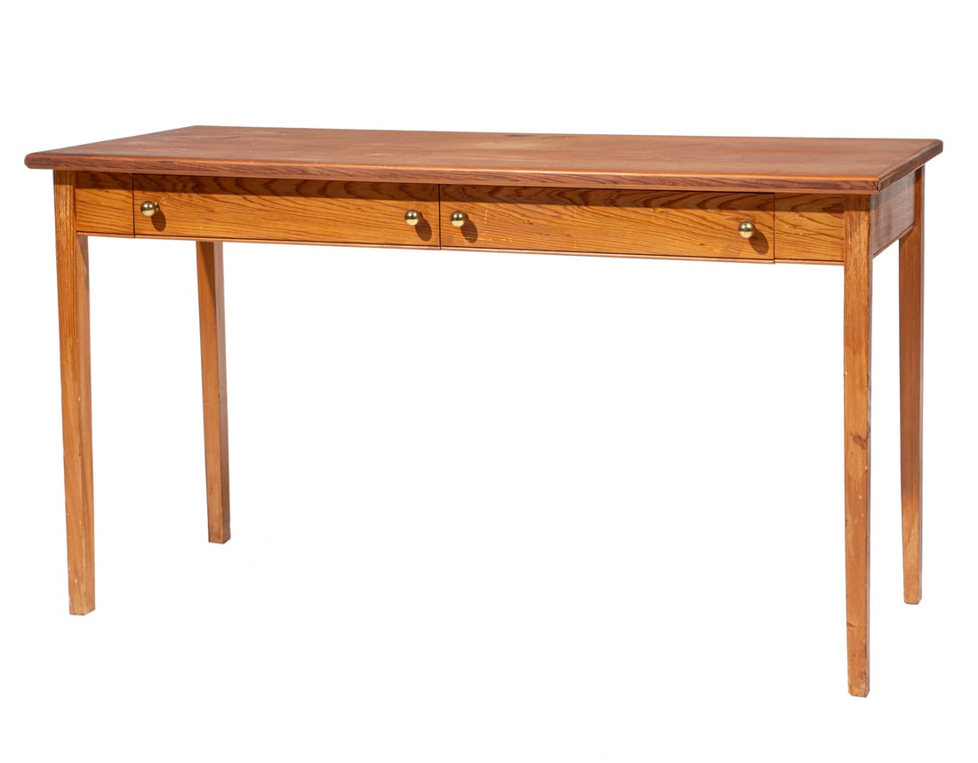 Southern Carved Cypress Side Table: Southern Carved Cypress Side Table, or recent date, New Orleans, molded plank top, two frieze drawers, square legs, h. 30 1/4 in., w. 54 1/2 in., d. 20 1/2 in.