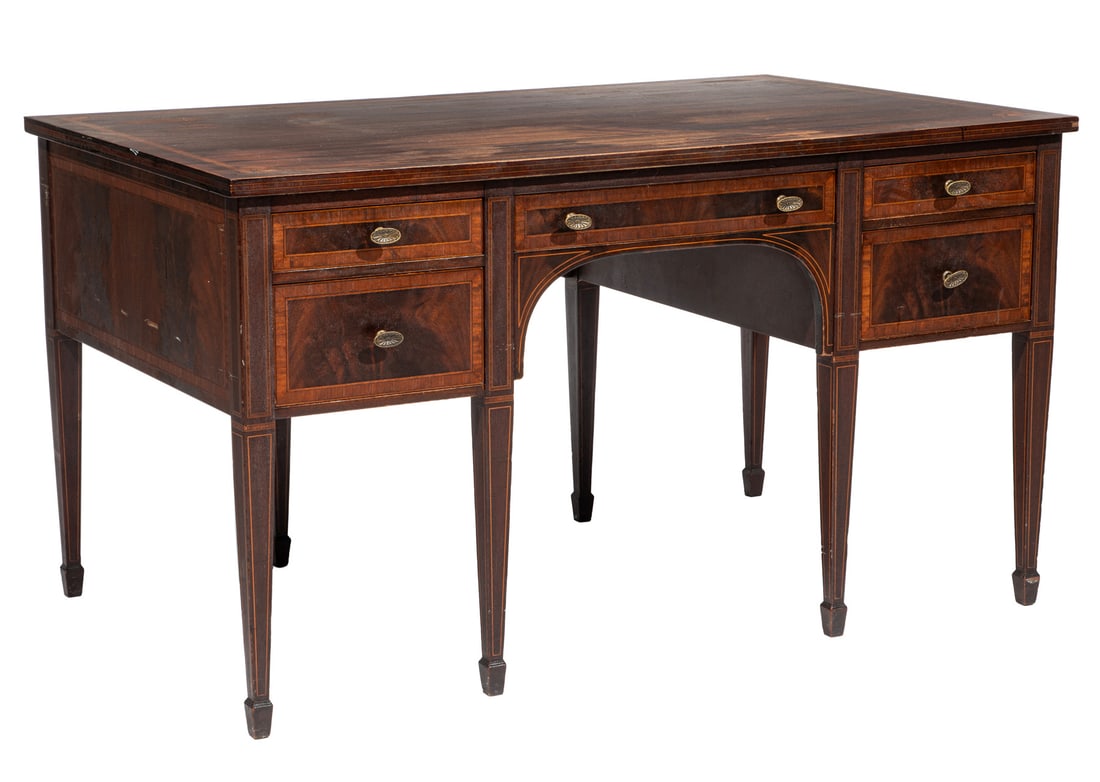 Edwardian Satinwood Inlaid Mahogany Desk: Edwardian Satinwood Inlaid Mahogany Desk, early 20th c., banded top, kneehole configuration of drawers, square tapered legs, h. 29 1/4 in., w. 52 3/4 in., d. 32 in.
