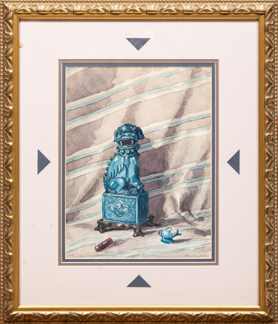 Morris Henry Hobbs (American/Louisiana, 1892-1967: Morris Henry Hobbs (American/Louisiana, 1892-1967), "Foo Dog", 1945, watercolor on paper, signed lower right, dated lower left, artist label en verso, 13 3/4 in. x 10 1/2 in., framed, overall 22 3/4 i