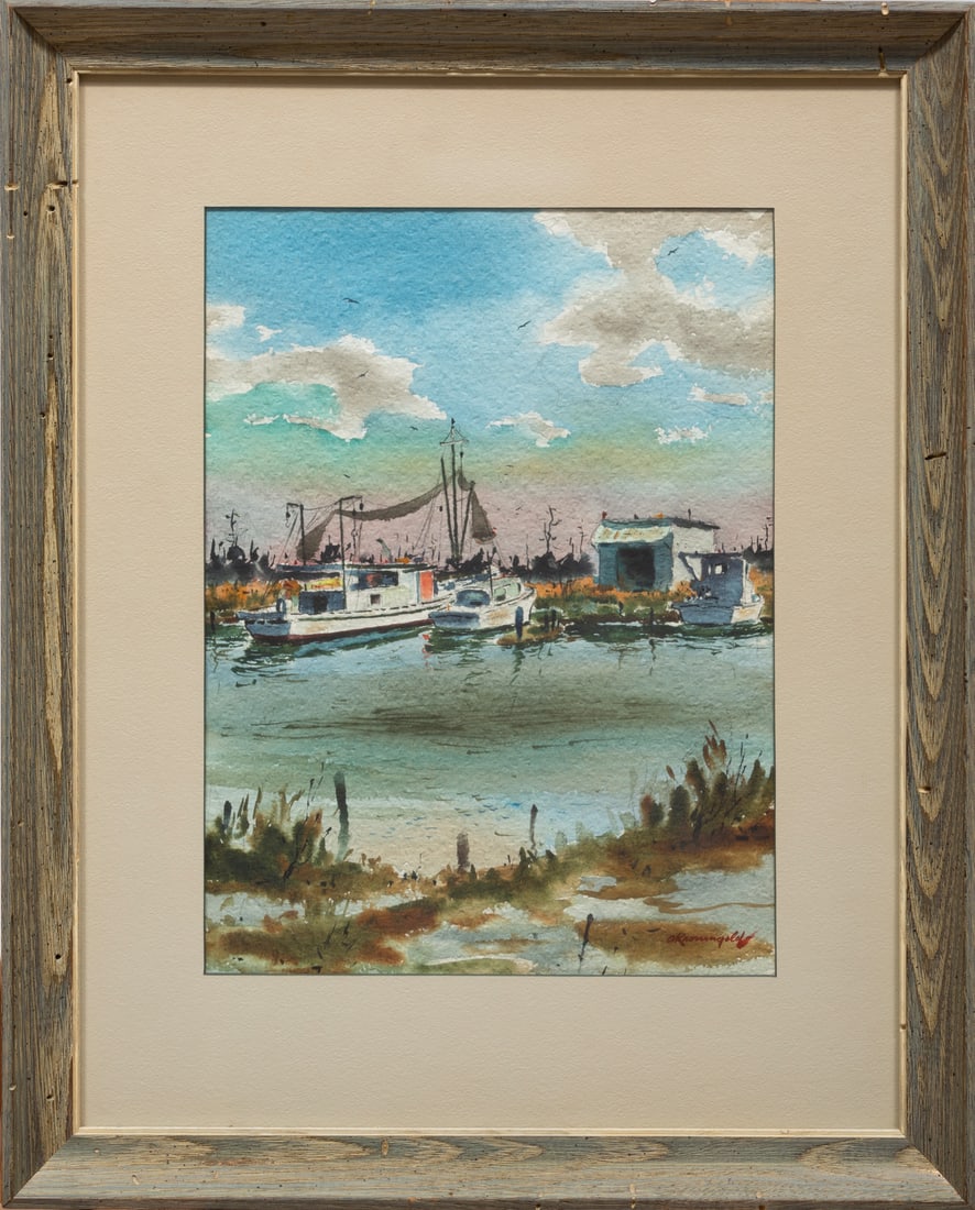 Adolf Kronengold (American/Louisiana, 1900-1986): Adolf Kronengold (American/Louisiana, 1900-1986), "Shrimp Boats", watercolor on paper, signed lower right, 14 3/4 in. x 11 1/4 in., framed, overall 22 1/4 in. x 17 7/8 in. x 1 1/4 in. Condition: Overa