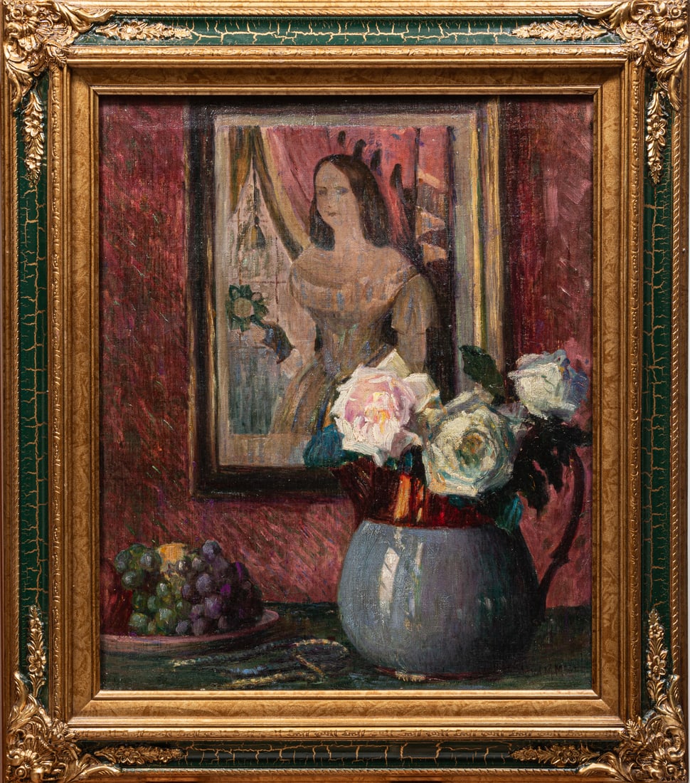 Maud Mary Mason (American/Connecticut, 1867-1956): Maud Mary Mason (American/Connecticut, 1867-1956), "Still Life, The Lustre Pitcher", oil on canvas, signed lower right, "The National Arts Club, New York, NY" label with artist, handwritten label with