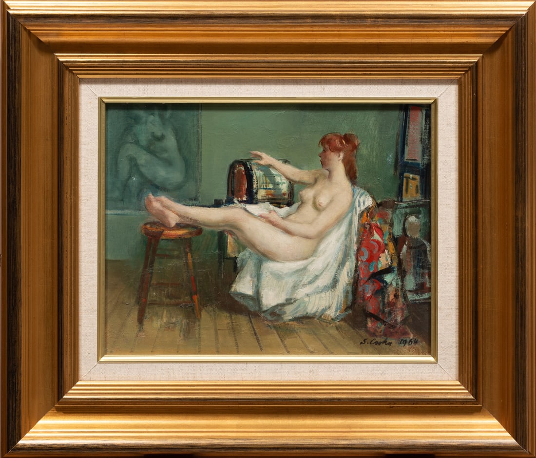 Stephen Csoka (Hungarian/American, 1897-1989): Stephen Csoka (Hungarian/American, 1897-1989), "In the Studio: Reclining Nude", 1964, oil on canvas board, signed and dated lower right, 11 in. x 14 in., framed, overall 19 in. x 22 1/4 in. x 1 5/8 in