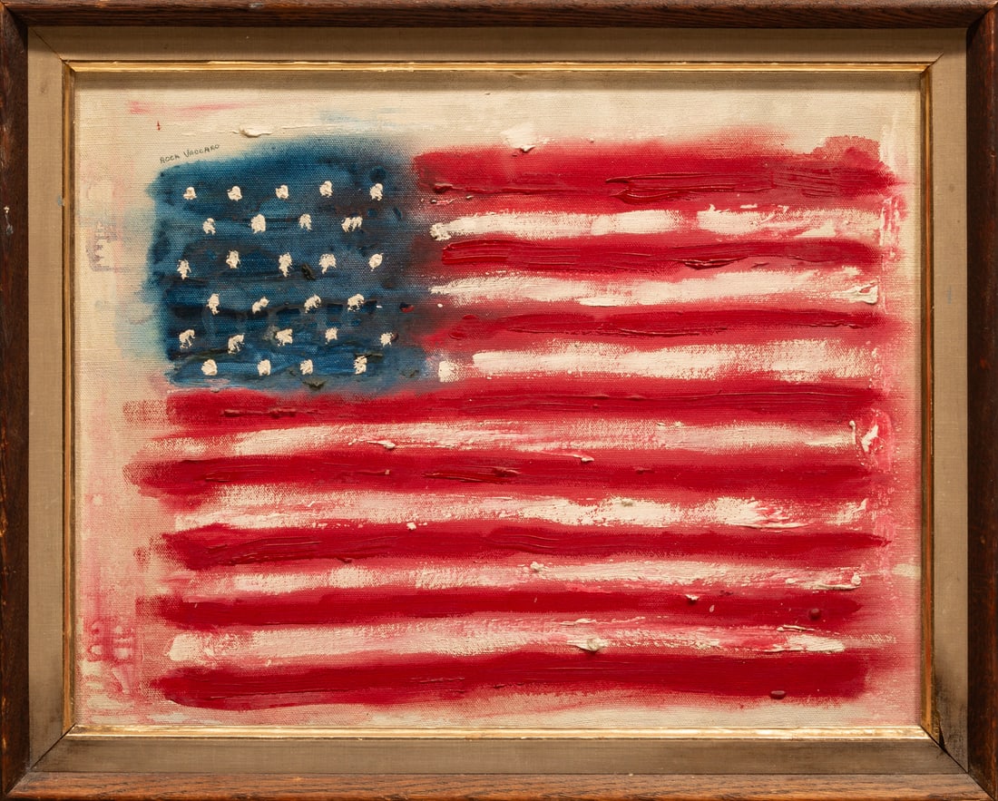 Rock Vaccaro (American, 20th c.): Rock Vaccaro (American, 20th c.), "American Flag", oil on canvas, signed upper left, 14 in. x 18 in., framed, overall 16 3/8 in. x 20 1/4 in. x 1 1/4 in. Condition: Overall fair condition.