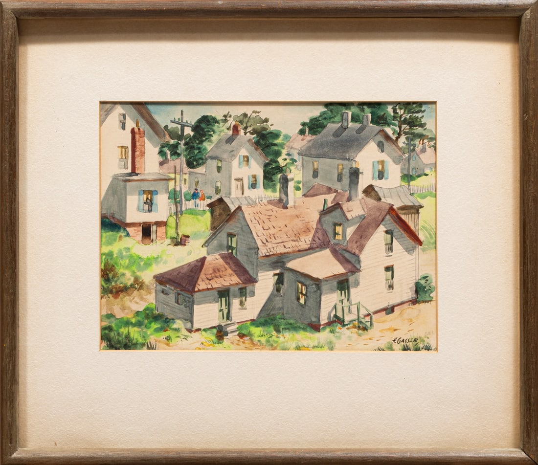 Henry Martin Gasser (American/New Jersey): Henry Martin Gasser (American/New Jersey, 1909-1981), "Cape Houses, New England", watercolor on paper laid on board, signed lower right, artist stamp on reverse of mount, artist information label insc