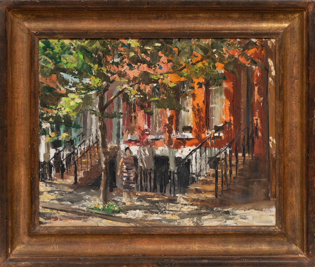 Peter Hayward (American/New York, 1905-1993): Peter Hayward (American/New York, 1905-1993), "New York City, Westside", oil on canvas, signed lower left, label with artist and title attached to hanging wire, 16 in. x 20 in., framed, overall 21 3/4