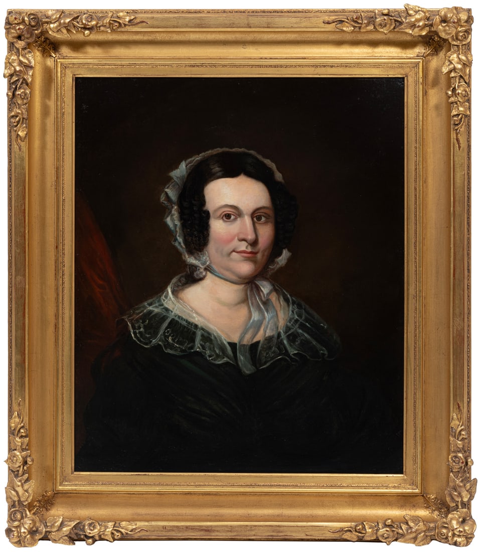 American School, 19th c: American School, 19th c., "Mrs. William Francis Ferguson Broaddus, nee Mary Ann Farrow (d. 1850)", oil on canvas, unsigned, handwritten hanging tag with sitter information on reverse of frame, 30 in. 