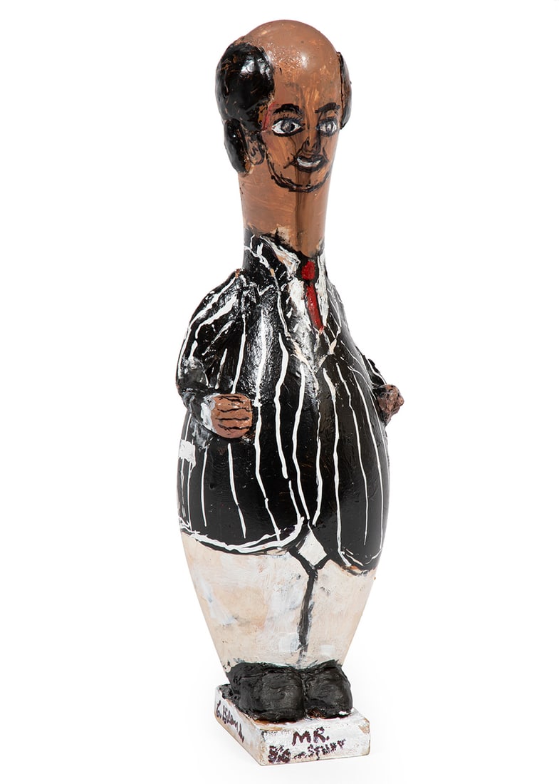 Charles Gillam, Sr. (American/Louisiana, b. 1945): Charles Gillam, Sr. (American/Louisiana, b. 1945), "Mr. Big Stuff", mixed media on bowling pin, signed and titled on self-base, underside and reverse, h. 16 in., w. 5 3/4 in., d. 5 in. Provenance: Col