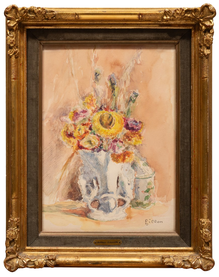 Arthur Fillon (French, 1900-1974): Arthur Fillon (French, 1900-1974), "Nature Morte: Fleurs", watercolor, ink and graphite on paper mounted to board, signed lower right, inscribed "Paris No. 140" en verso, "Wally Findlay Galleries" lab