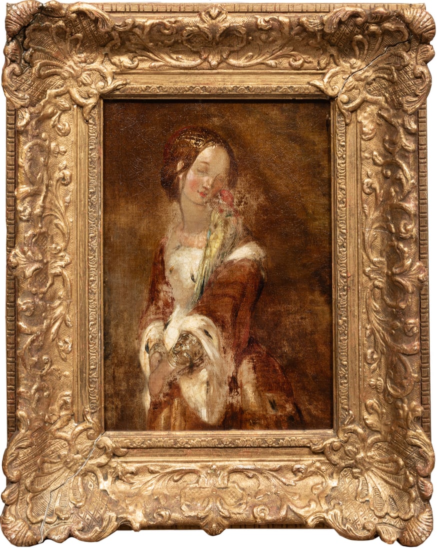 George Cattermole (British, 1800-1868): George Cattermole (British, 1800-1868), "Lady with Parrot", oil on canvas, unsigned, artist information on stretcher, 12 3/8 in. x 9 3/8 in., framed, overall 18 3/4 in. x 15 in. x 3 in. Condition: Ove