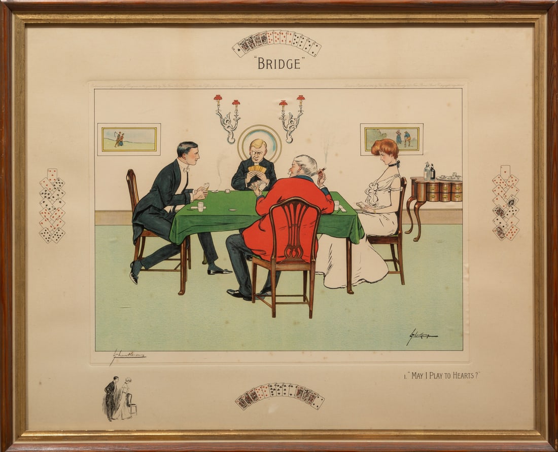 Lot "Lance" Thackery (British, 1867-1916): Lot "Lance" Thackery (British, 1867-1916), "May I Play to Hearts" and "Ruffing the Black Suit", 1904, 2 chromolithographs on paper laid on board, each signed lower left and in plate, vignettes of play