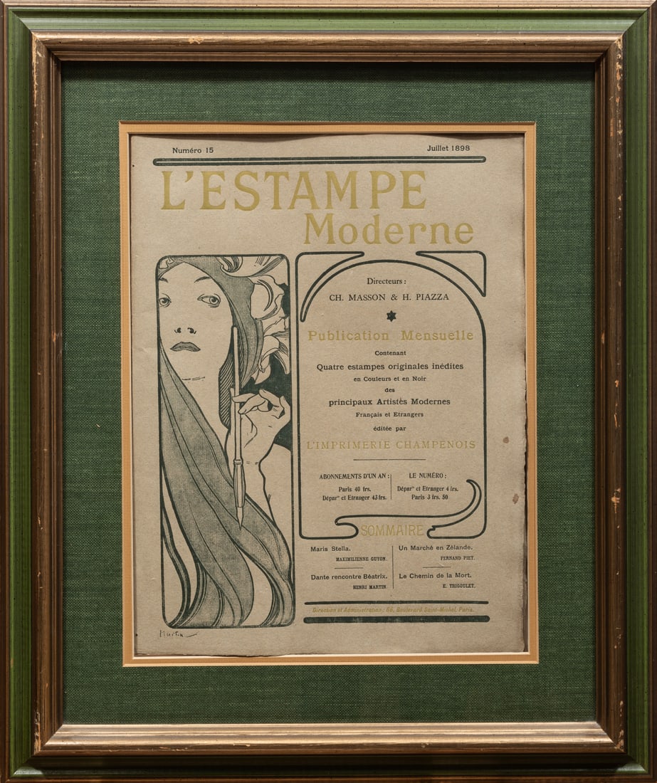 Alphonse Mucha (Czech, 1860-1939): Alphonse Mucha (Czech, 1860-1939), "L'Estampe Moderne (Cover July)", 1898, lithograph on laid paper, signed in plate lower left, "Gerhard Wurzer Gallery, Houston, TX" label with artist on backing, sig