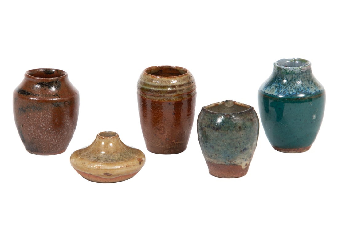 Five Miniature Pottery Vases: Five Miniature Pottery Vases, each base impressed with letters D.A.H.L., tallest h. 1 1/4 in.