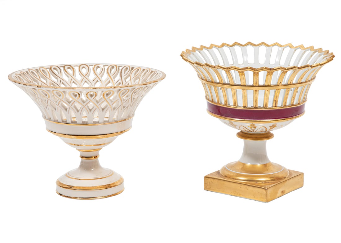 Paris Porcelain Corbeille: Paris Porcelain Corbeille, signed M. Schoelcher, c. 1800, gilt and claret decoration; together with Italian ceramic piece, similar design, h. 8 1/2 in. and 7 1/2 in.