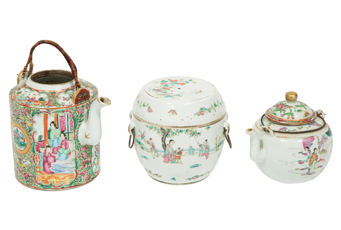 Chinese Export Famille Rose Porcelain Teapot: Chinese Export Famille Rose Porcelain Covered Teapot and Food Storage Covered Jar, 19th c., teapot decorated in "Rose medallion" pattern with figural and bird-and-flower panels, wrapped metal double h