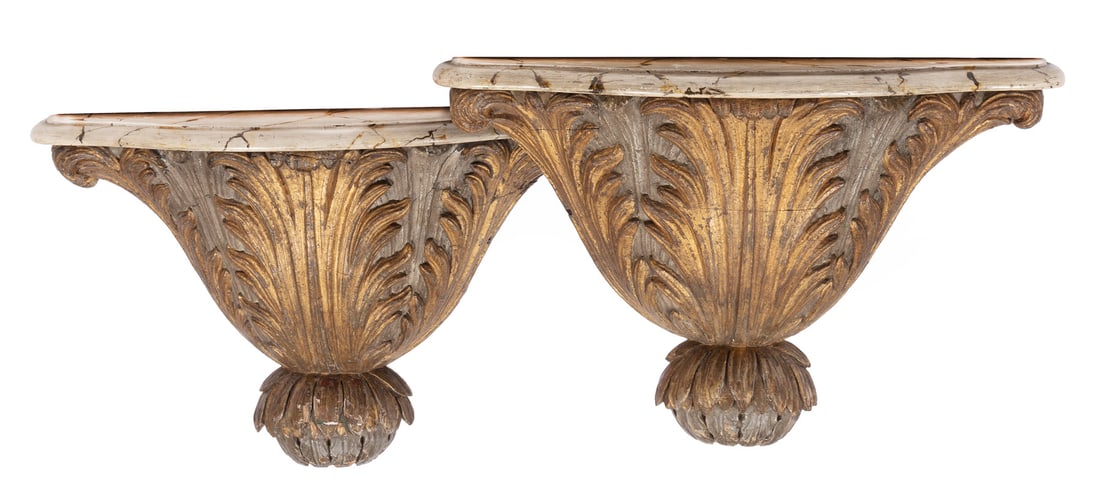 Italian Carved and Painted Faux Marbre Brackets: Pair of Italian Carved and Painted Faux Marbre Brackets, 19th c., h. 16 in., w. 25 in., d. 6 3/4 in.