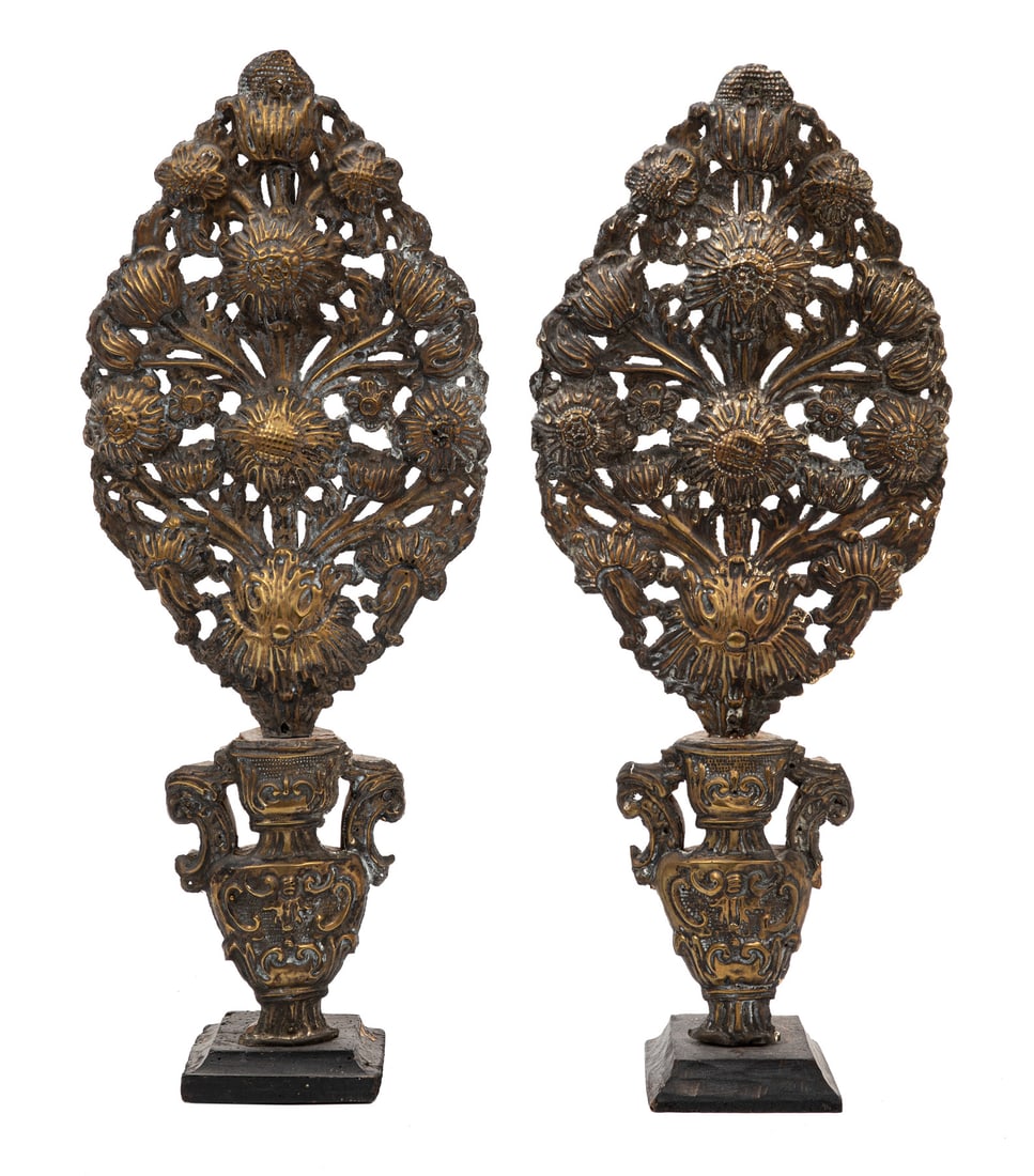 Pair of Italian Repousse Brass Flower Reflectors (1 of 2)
