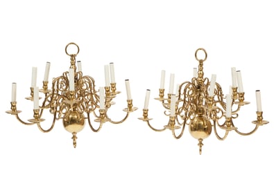 Pair of Brass Twelve-Light Chandeliers