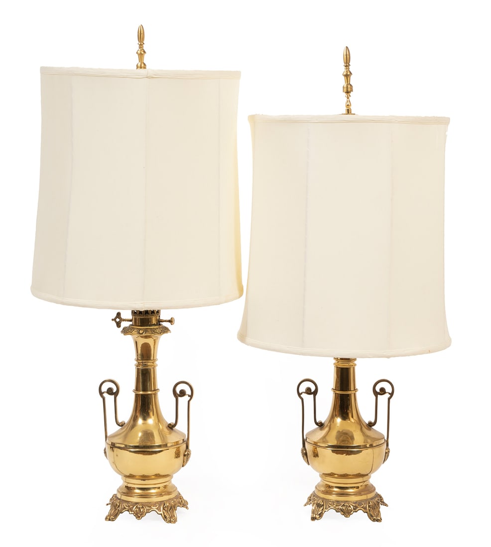 Pair of Neo-Grec Brass Lamps: Pair of Neo-Grec Brass Lamps, 19th c., h. to socket 25 in. Provenance: Estate of Jane S. Phillips, New Orleans.