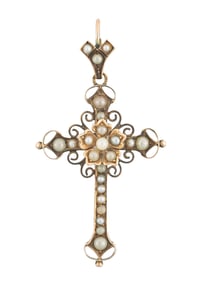 Antique 14 kt. Yellow Gold and Seed Pearl Cross