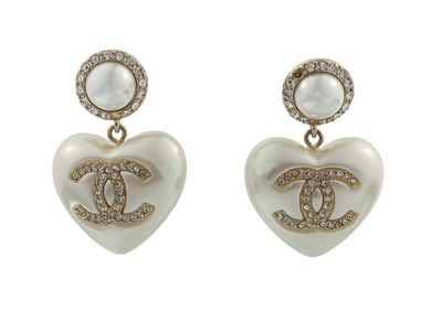 Chanel Pearl and Crystal Heart Dangle Earrings