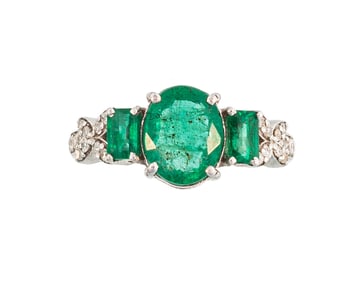 Sterling Silver, Emerald and Diamond Ring