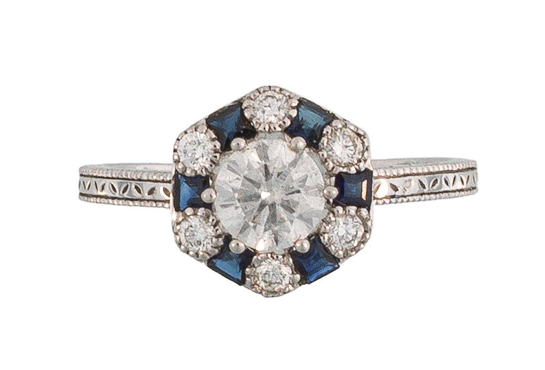 Platinum, Diamond and Sapphire Ring: Platinum, Diamond and Sapphire Ring, center prong set round brilliant cut diamond, total wt. approx. 0.54 ct., I-J color, SI3 clarity; bezel with additional round cut diamonds, total wt. 0.13 ct.; and