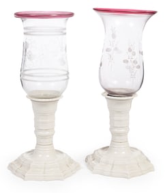 Two Blown and Etched Glass Hurricane Shades