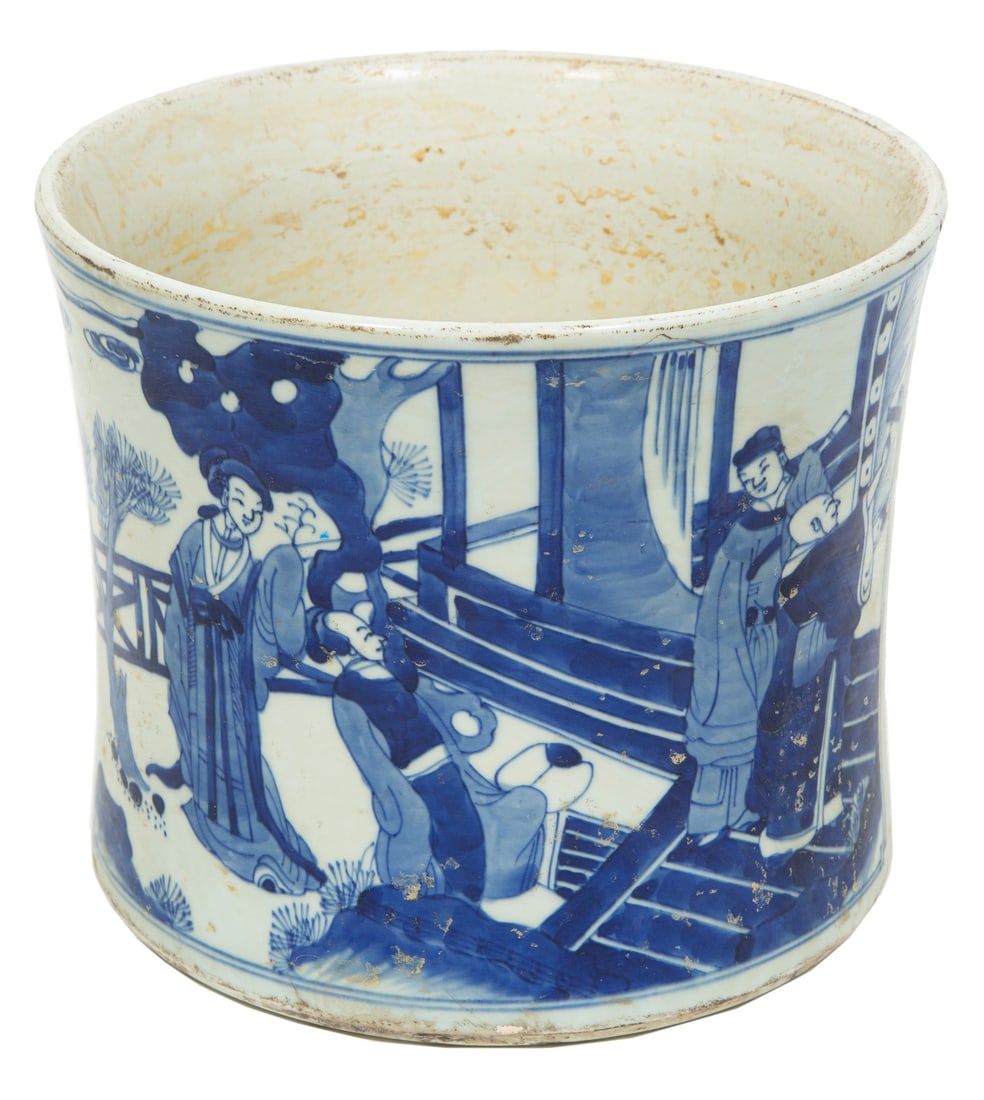 Chinese Blue and White Porcelain Brush Pot: Chinese Blue and White Porcelain Brush Pot, slightly waisted cylindrical body painted with scenes of figures at leisure, base with apocryphal Kangxi mark, h. 6 1/2 in., dia. 7 5/8 in.