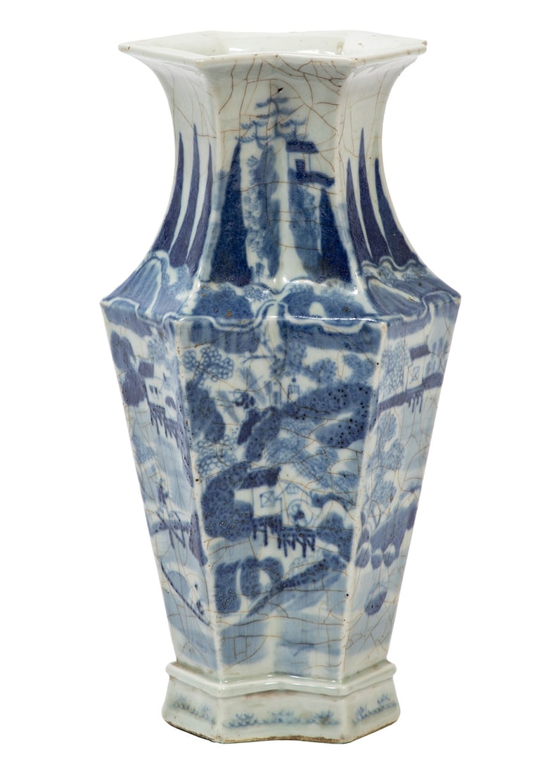 Chinese Blue and White Porcelain Double Vase: Chinese Blue and White Porcelain Double Vase, faceted body painted with figures in a landscape and calligraphy, h. 13 1/8 in., w. 7 1/4 in., d. 4 3/4 in.