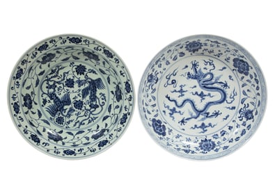 Two Chinese Blue and White Porcelain Low Bowls