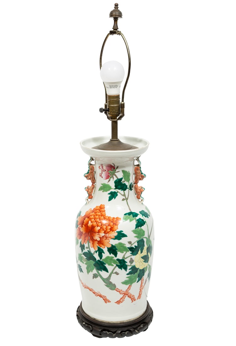 Chinese Famille Rose Porcelain Vase: Chinese Famille Rose Porcelain Vase, 20th c., Buddhist lion handles, decorated with colorful peonies, h. 17 7/8 in., mounted as a lamp, overall h. (incl. finial) 33 in.